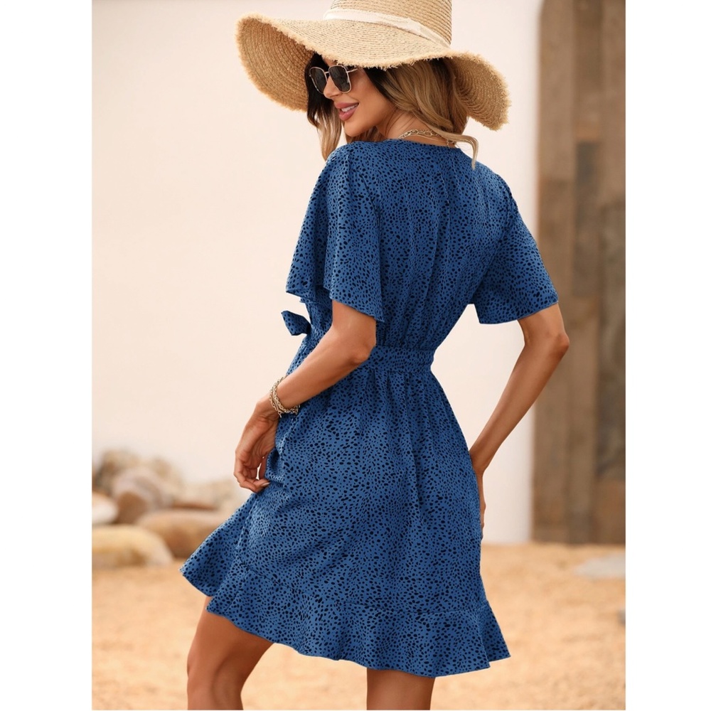 Blue with Black Spotted Print Wrap Mini Dress Short Sleeves Belted - Picture 5 of 6